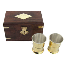 Solid Brass Wooden Shot Glasses Set in Wood Box w/ Latch