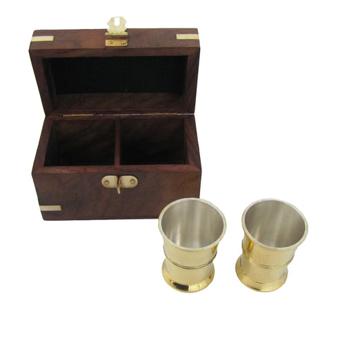 Solid Brass Wooden Shot Glasses Set in Wood Box w/ Latch