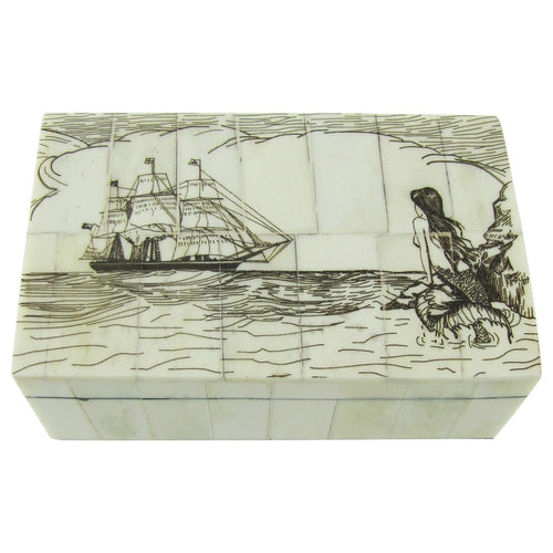 Nautical Scrimshaw Mermaid Secret Treasure Jewelry Box