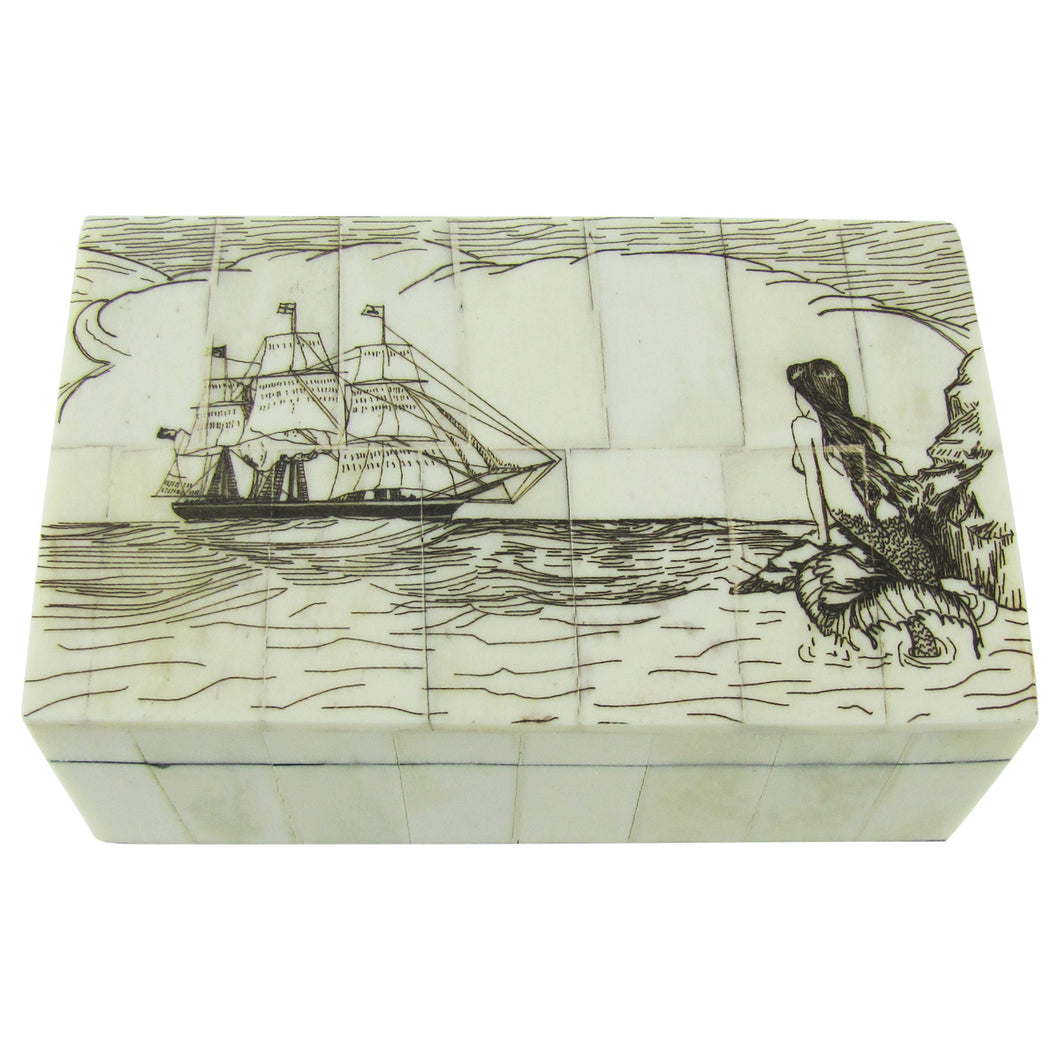 Nautical Scrimshaw Mermaid Secret Treasure Jewelry Box