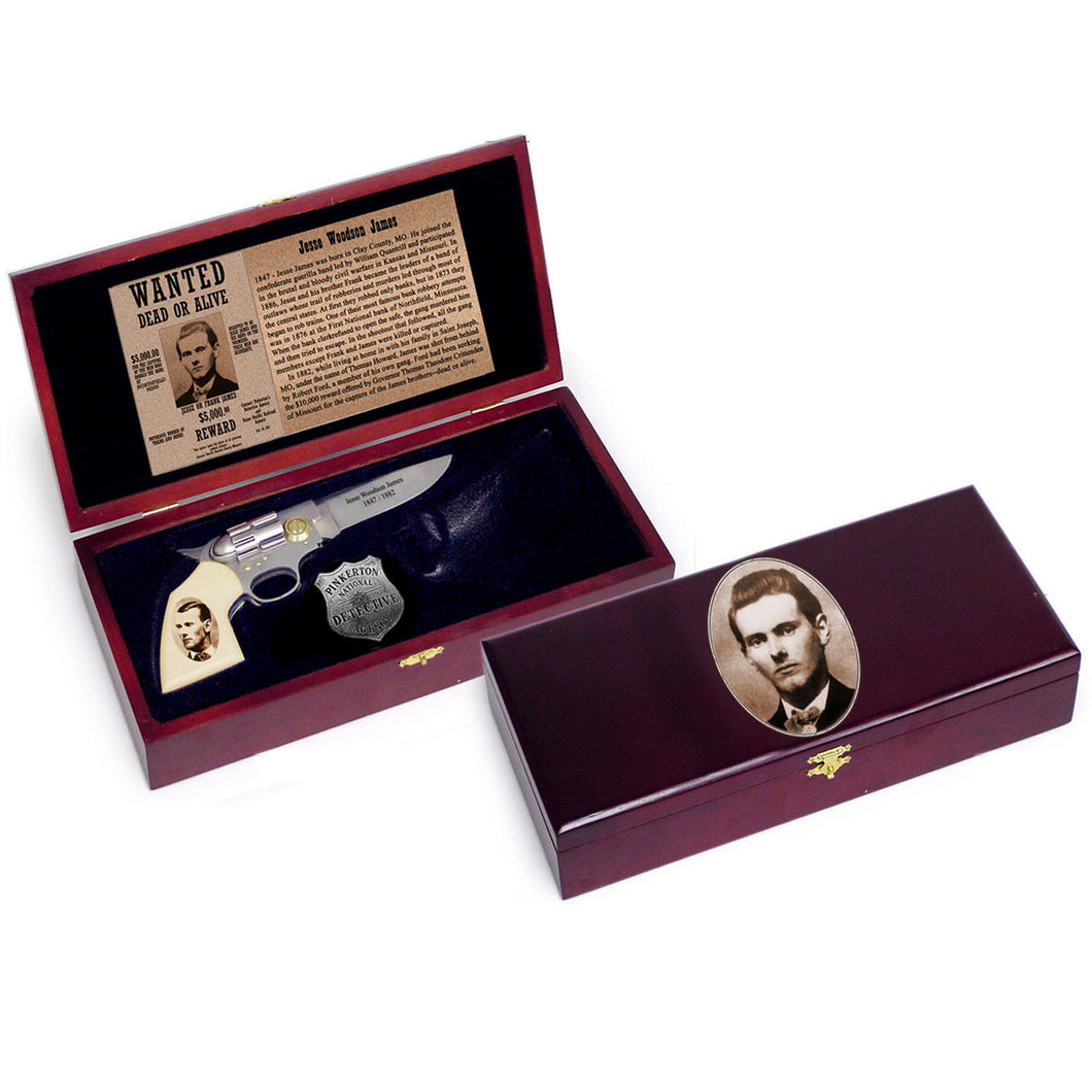 Jesse James Pistol Gun Knife W/ Sheath and Badge Collectors Set