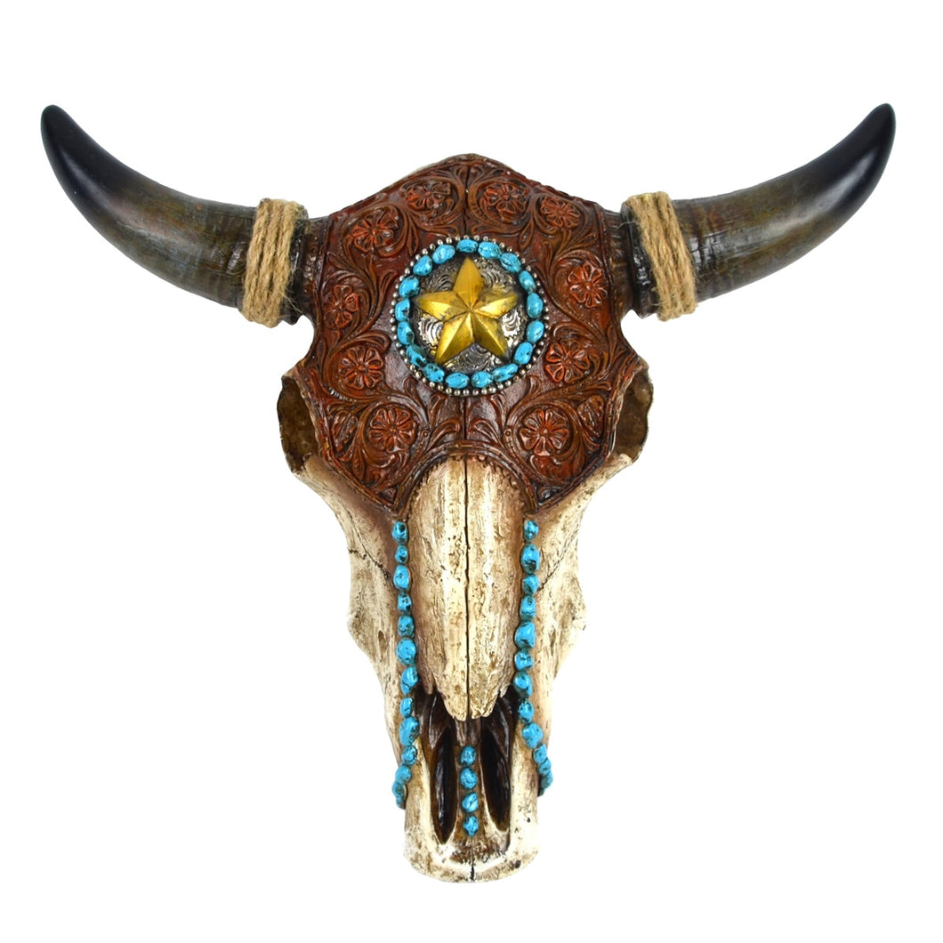 Resin & Leather Steer Skull & Horns Wall Mount Head