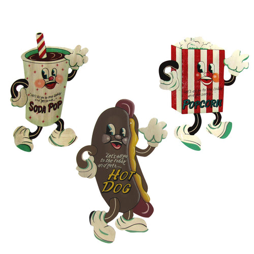 Set of 3 Dancing Snacks Popcorn, Hot Dog, and Soda Pop Metal signs