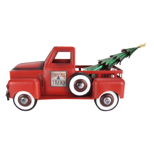 Red Metal Christmas Tree Farm Pickup Truck Decoration