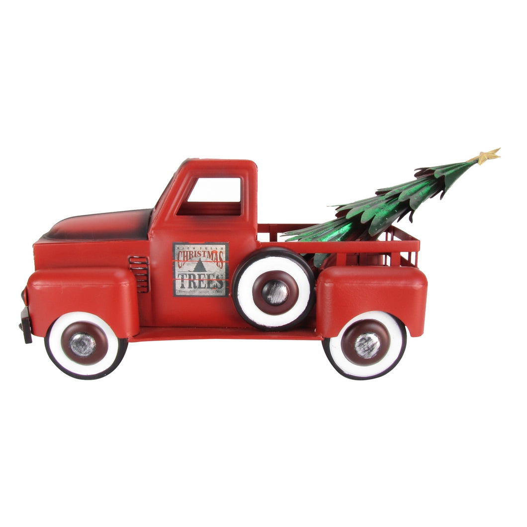 Red Metal Christmas Tree Farm Pickup Truck Decoration