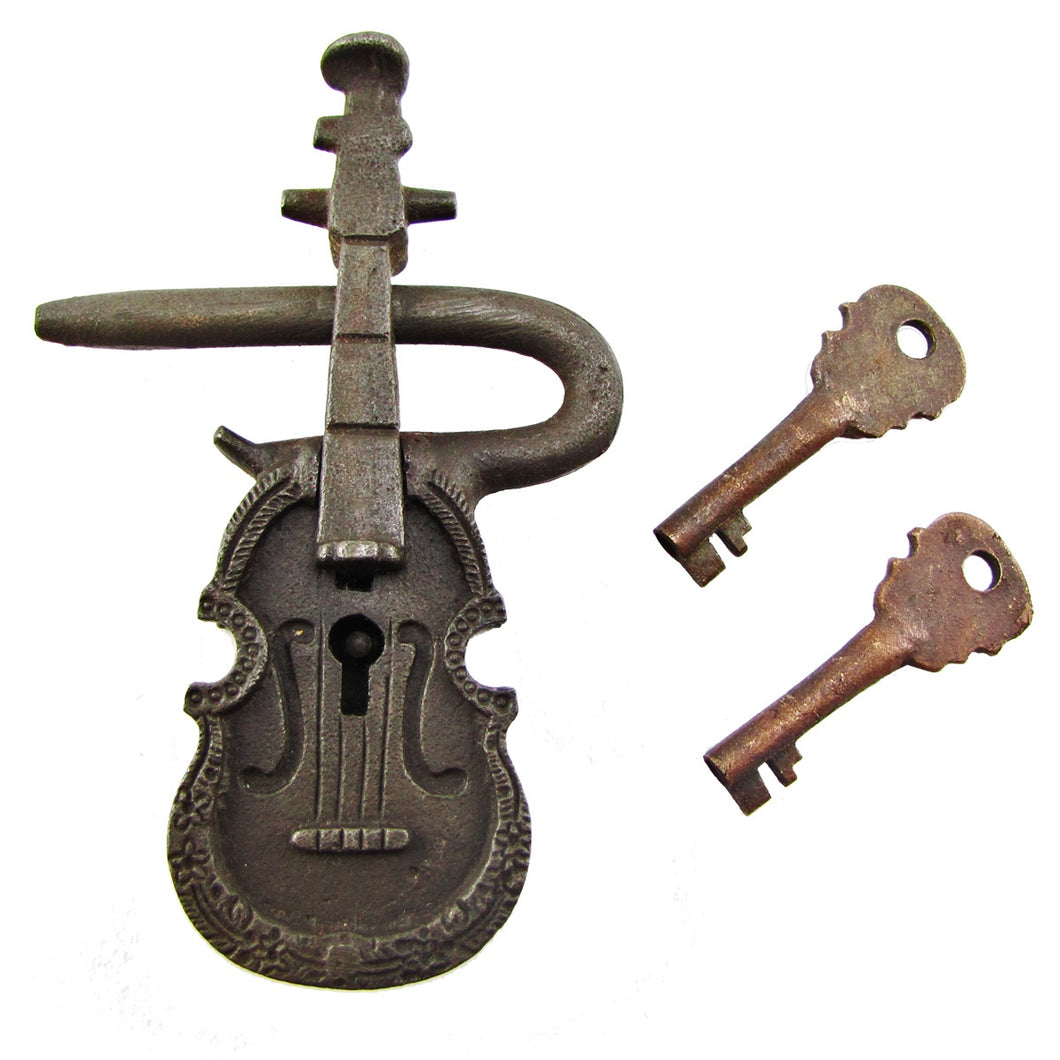 Cast Iron & Brass Large Antique Style Violin Shaped Lock Set
