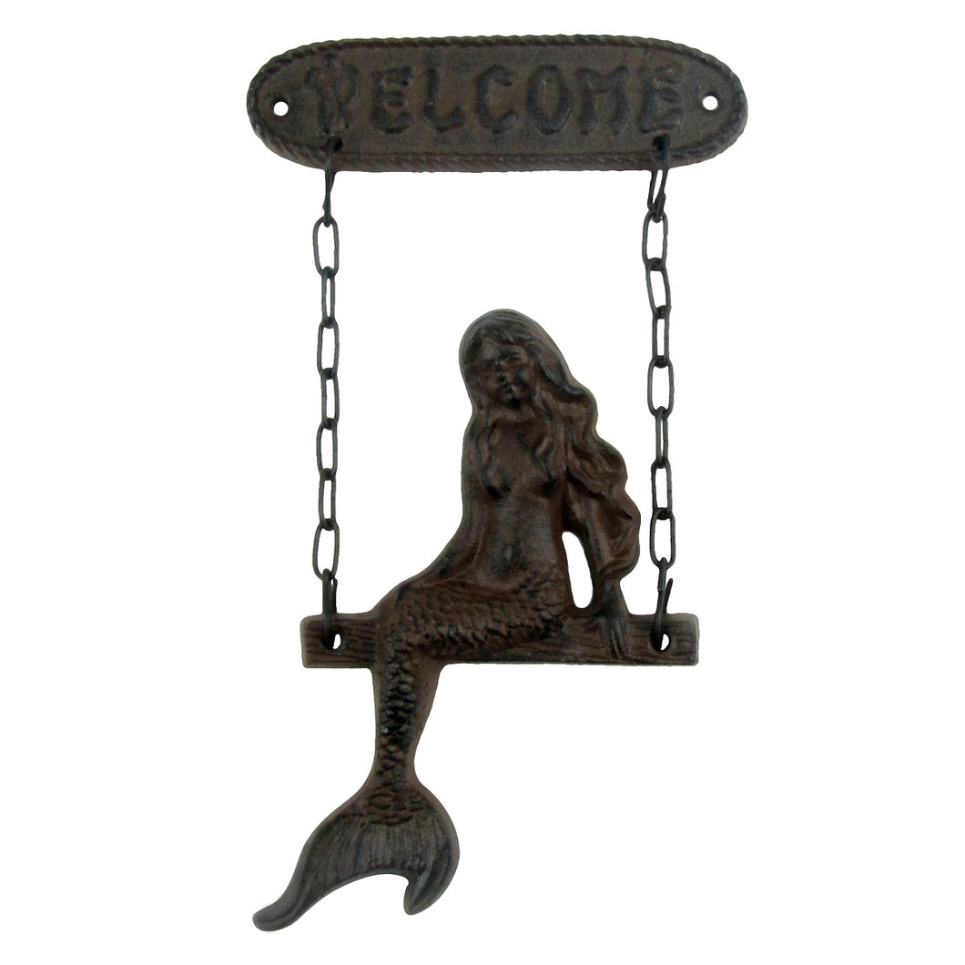 Metal Mermaid on Swing Beach Wall Welcome Sign