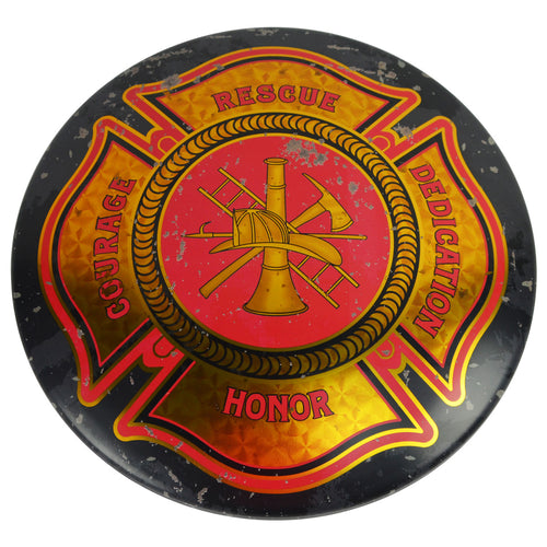 Fire Dept. Firemens Maltese Cross Tin Button Sign