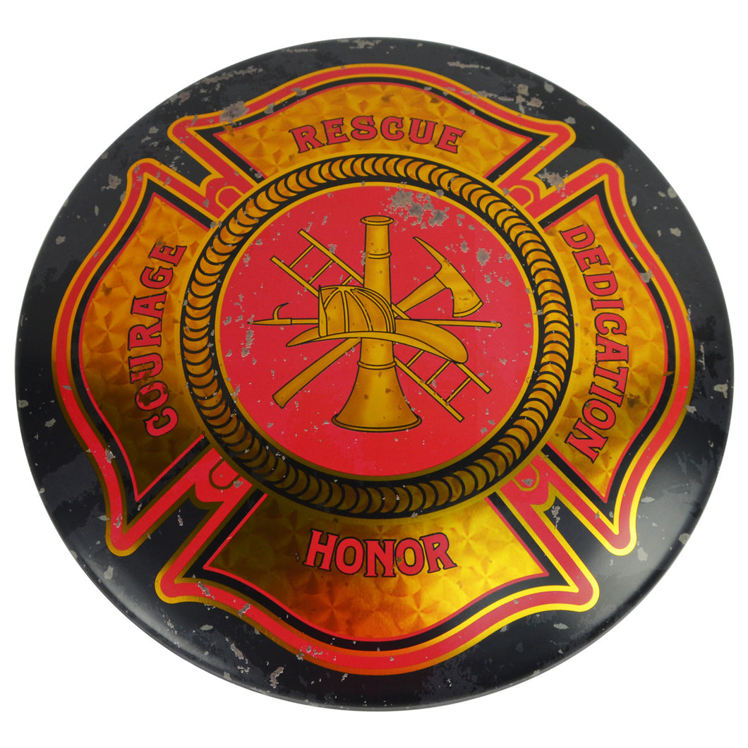 Fire Dept. Firemens Maltese Cross Tin Button Sign